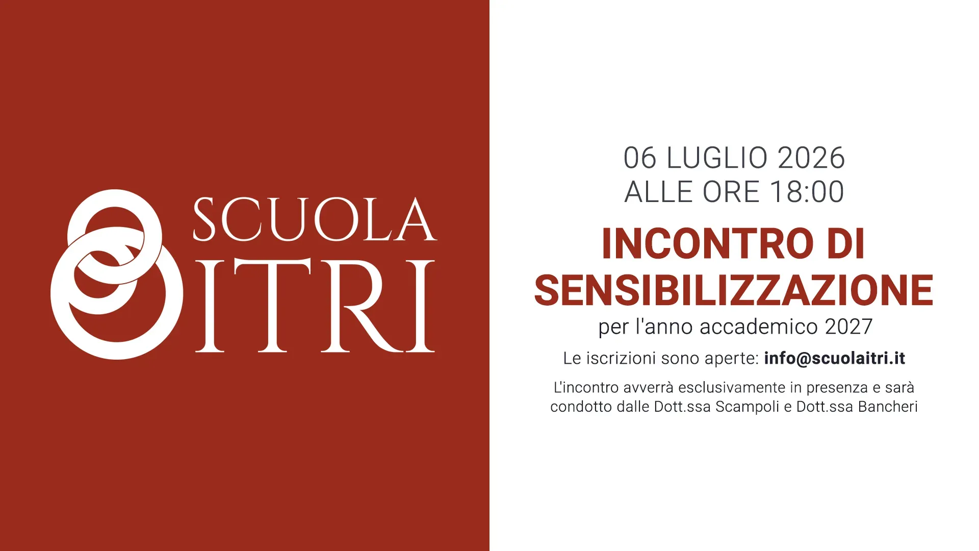 Incontro di sensibilizzazione per l’anno accademico 2027, il 6 luglio 2026 alle 18:00.